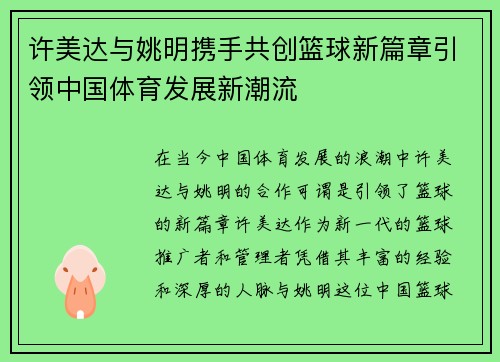 许美达与姚明携手共创篮球新篇章引领中国体育发展新潮流